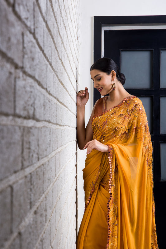 Playful Dandelion Hand Embroidered Saree With Blouse