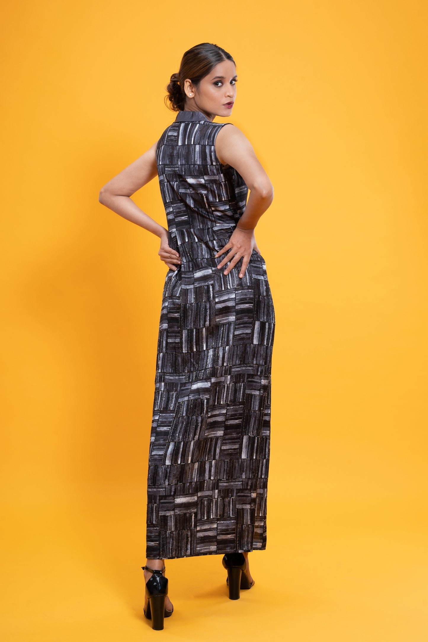Grey and Black Hand Embroidered High Slit Full Length Dress