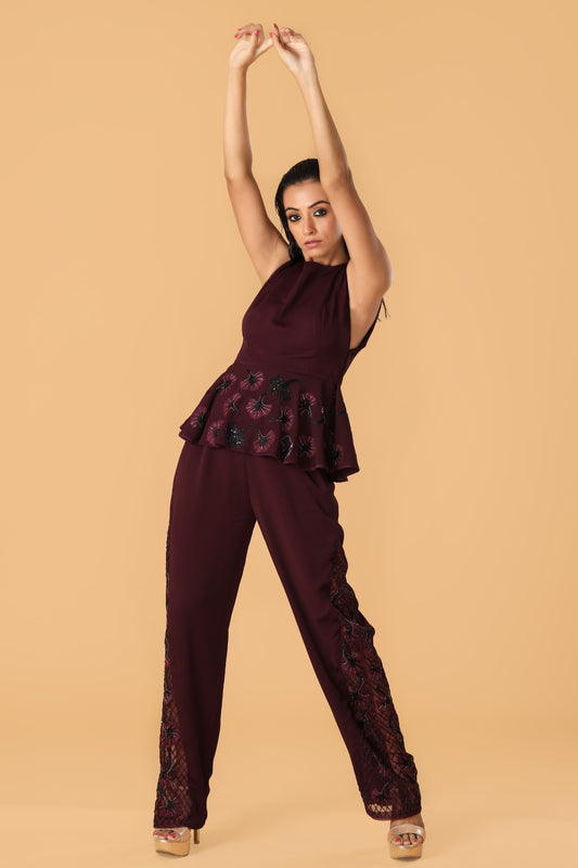 Hand Embroidered Maroon Peplum Co-Ord Set