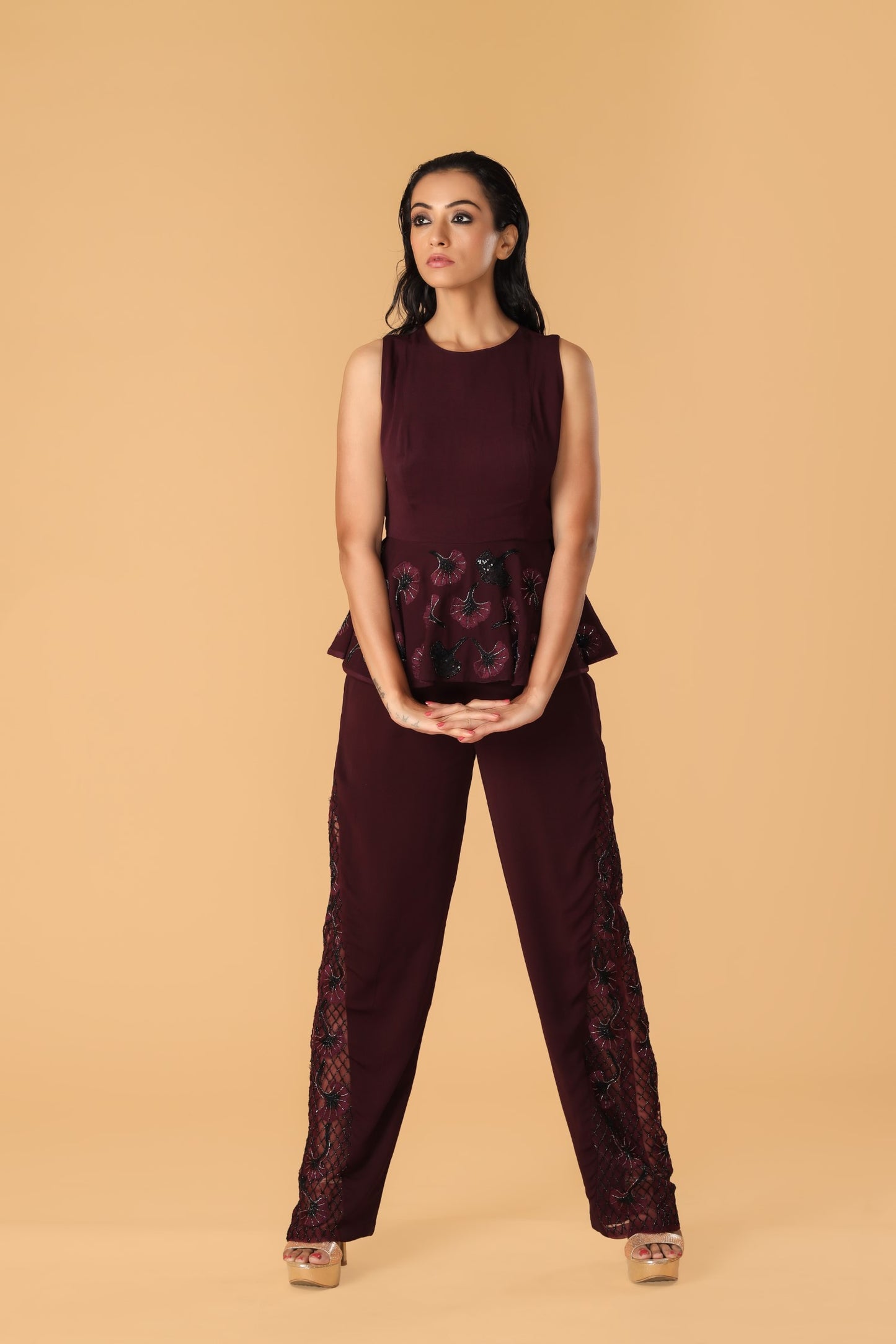Hand Embroidered Maroon Peplum Co-Ord Set