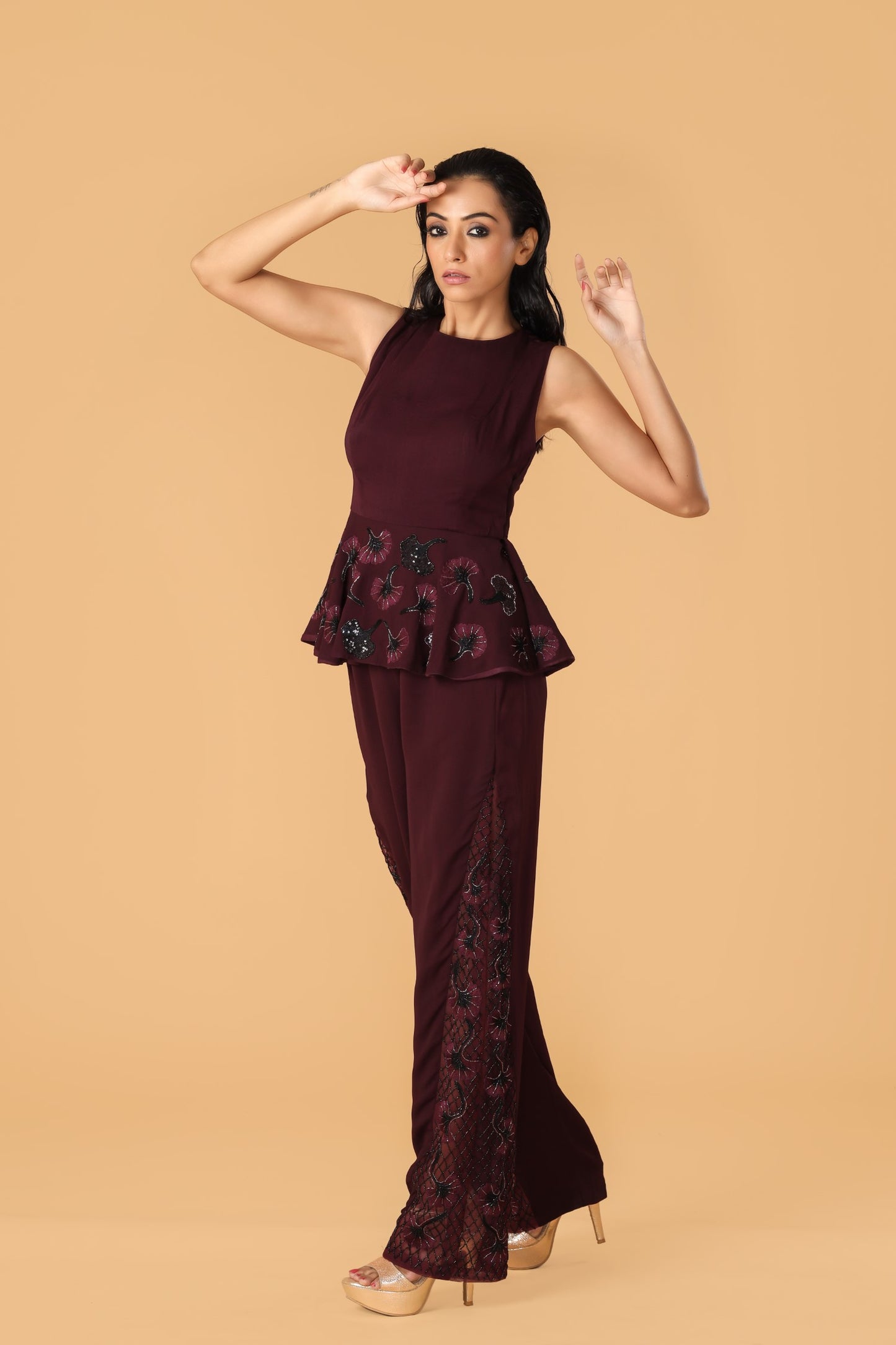 Hand Embroidered Maroon Peplum Co-Ord Set
