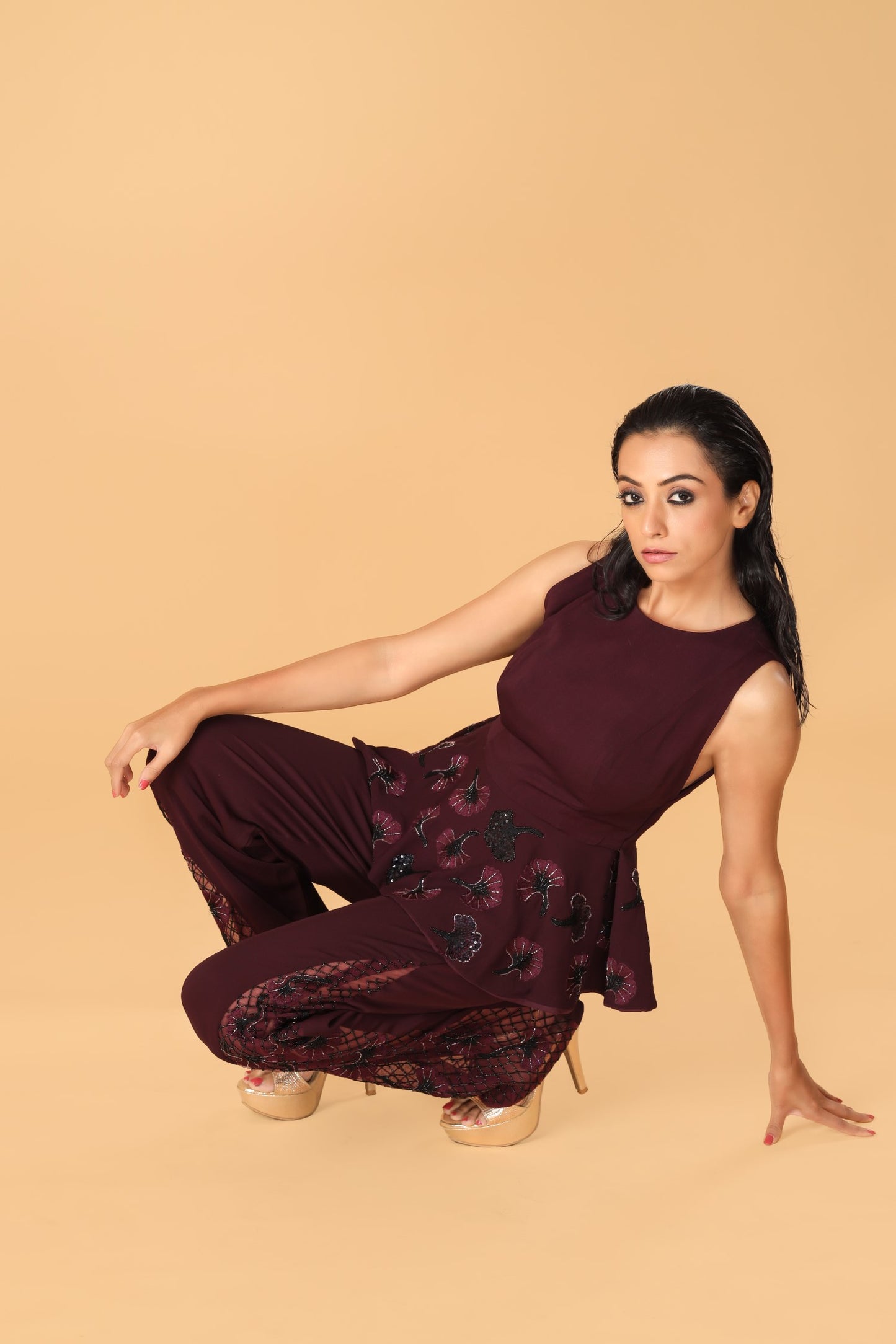 Hand Embroidered Maroon Peplum Co-Ord Set