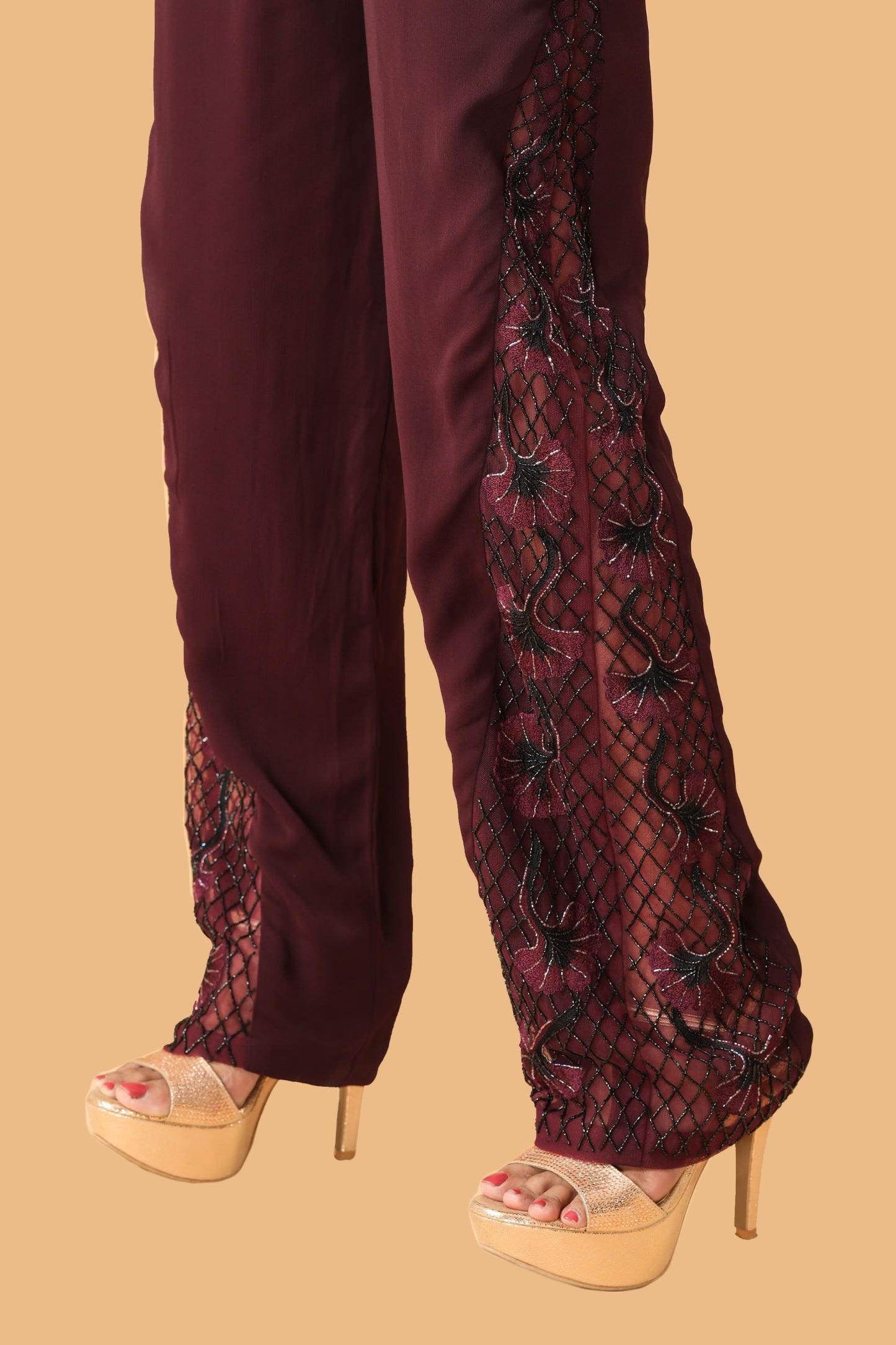 Hand Embroidered Maroon Peplum Co-Ord Set
