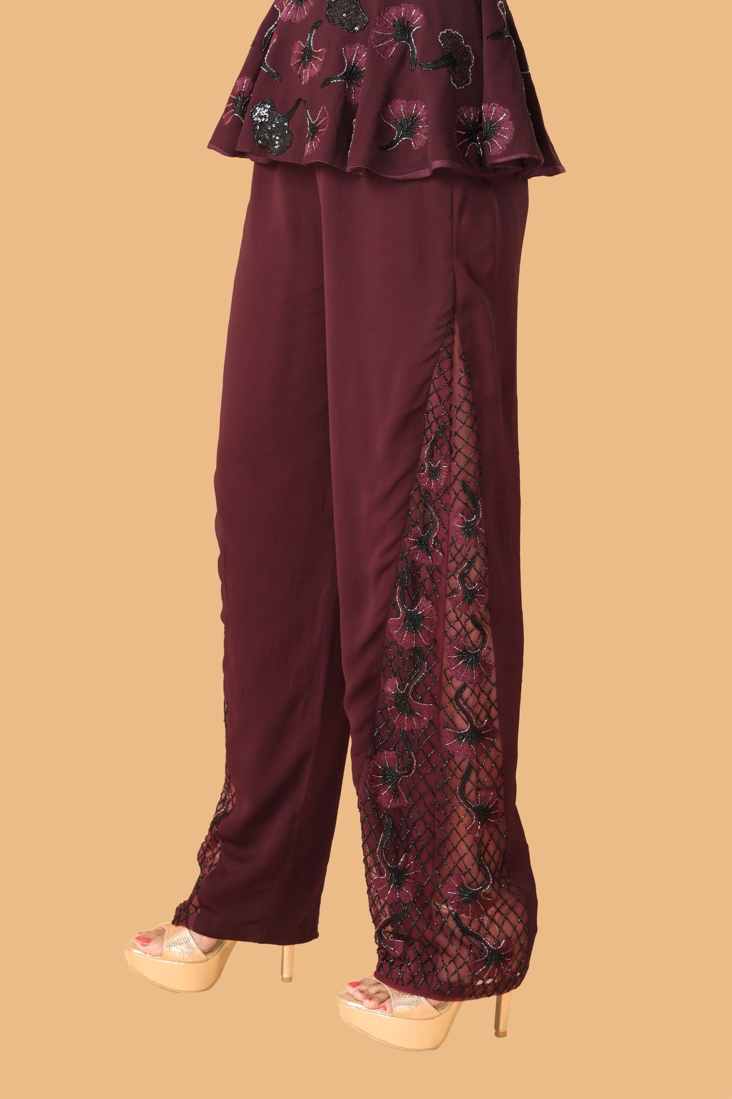 Hand Embroidered Maroon Peplum Co-Ord Set