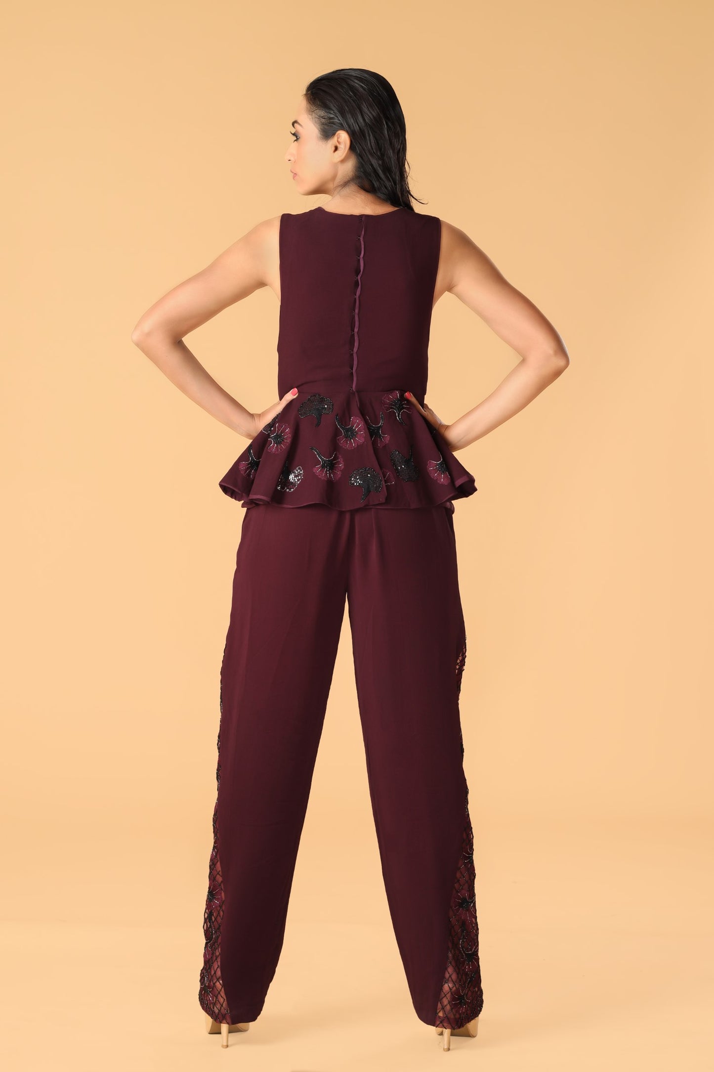 Hand Embroidered Maroon Peplum Co-Ord Set
