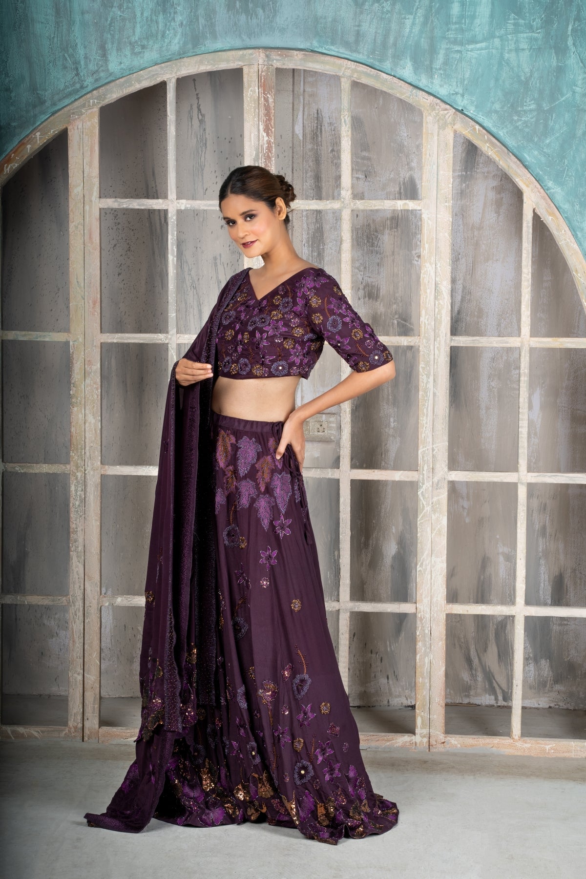 Enchanted Forest Hand Embroidered Purple Lehenga Set