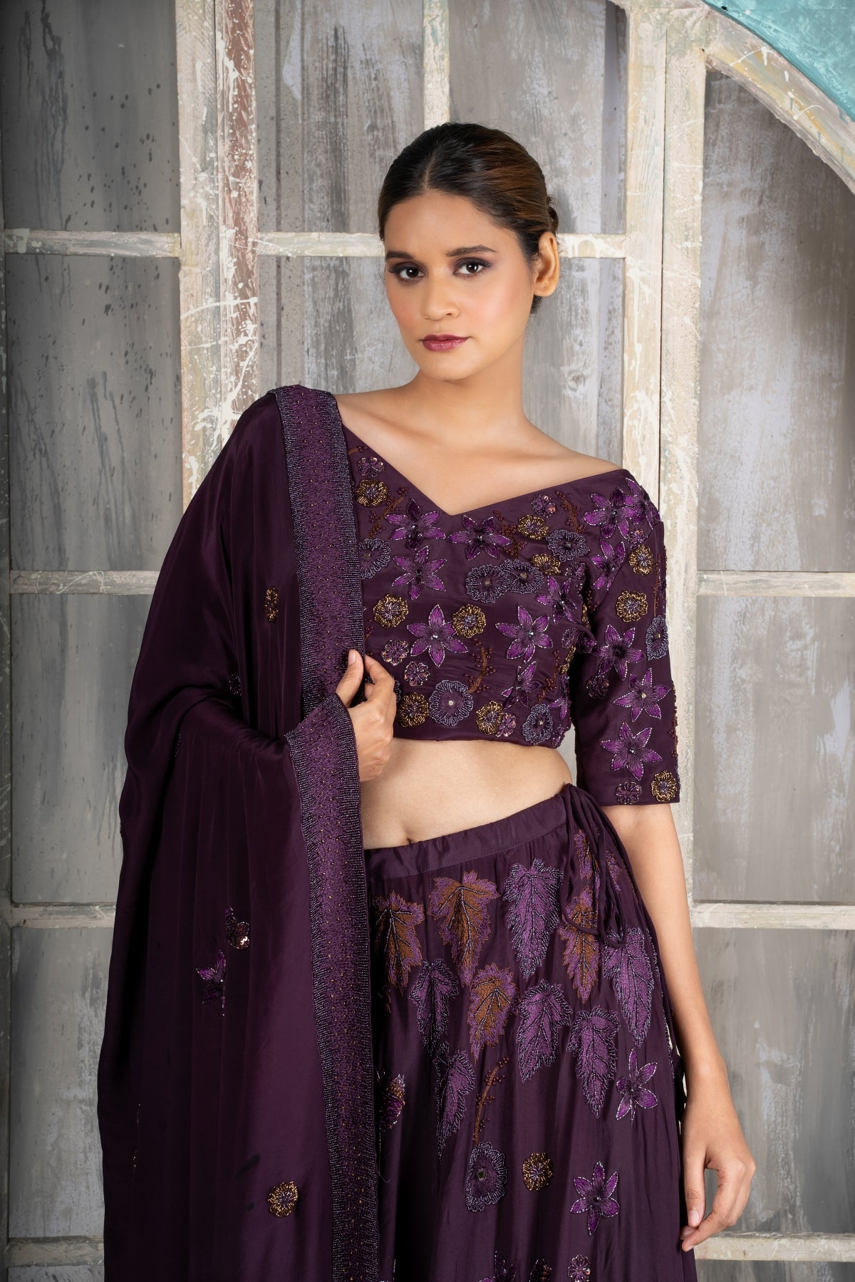 Enchanted Forest Hand Embroidered Purple Lehenga Set