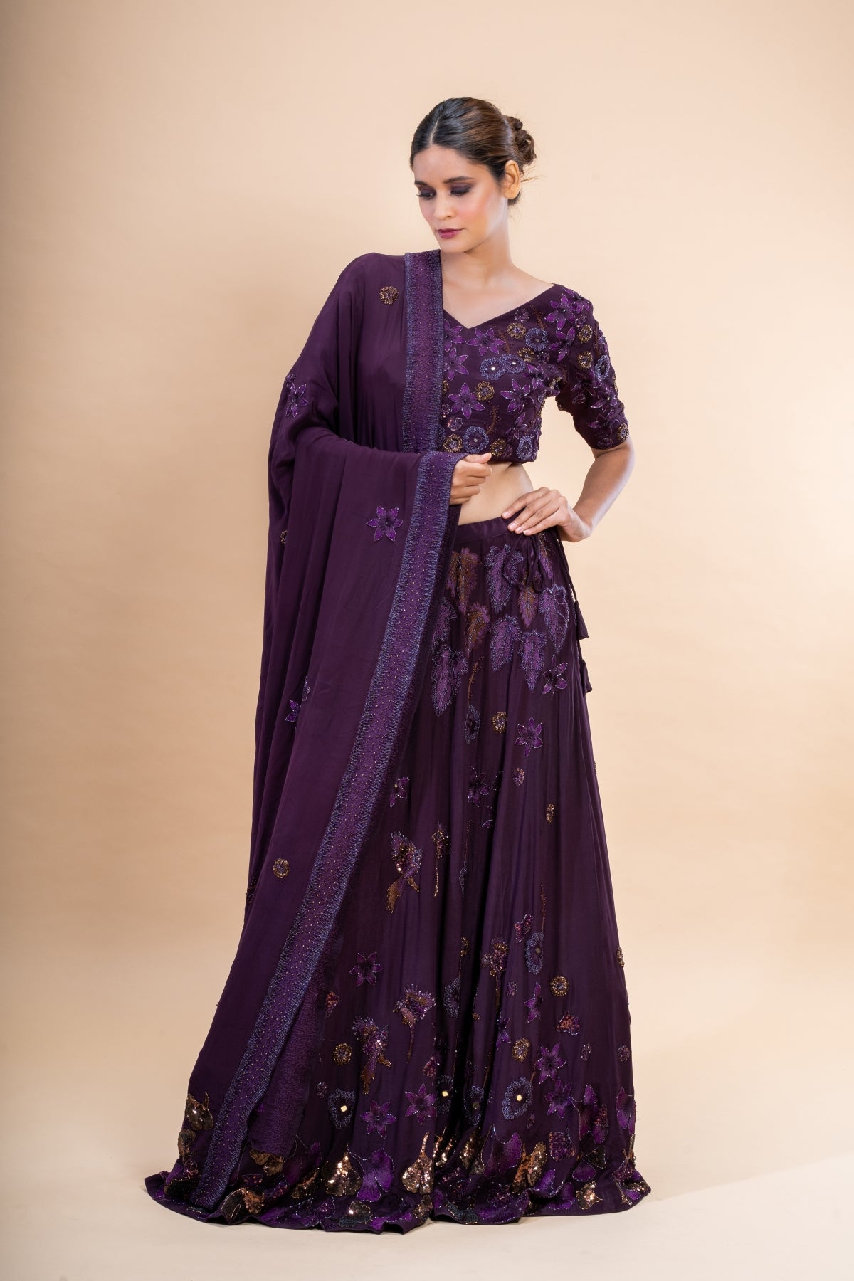 Enchanted Forest Hand Embroidered Purple Lehenga Set