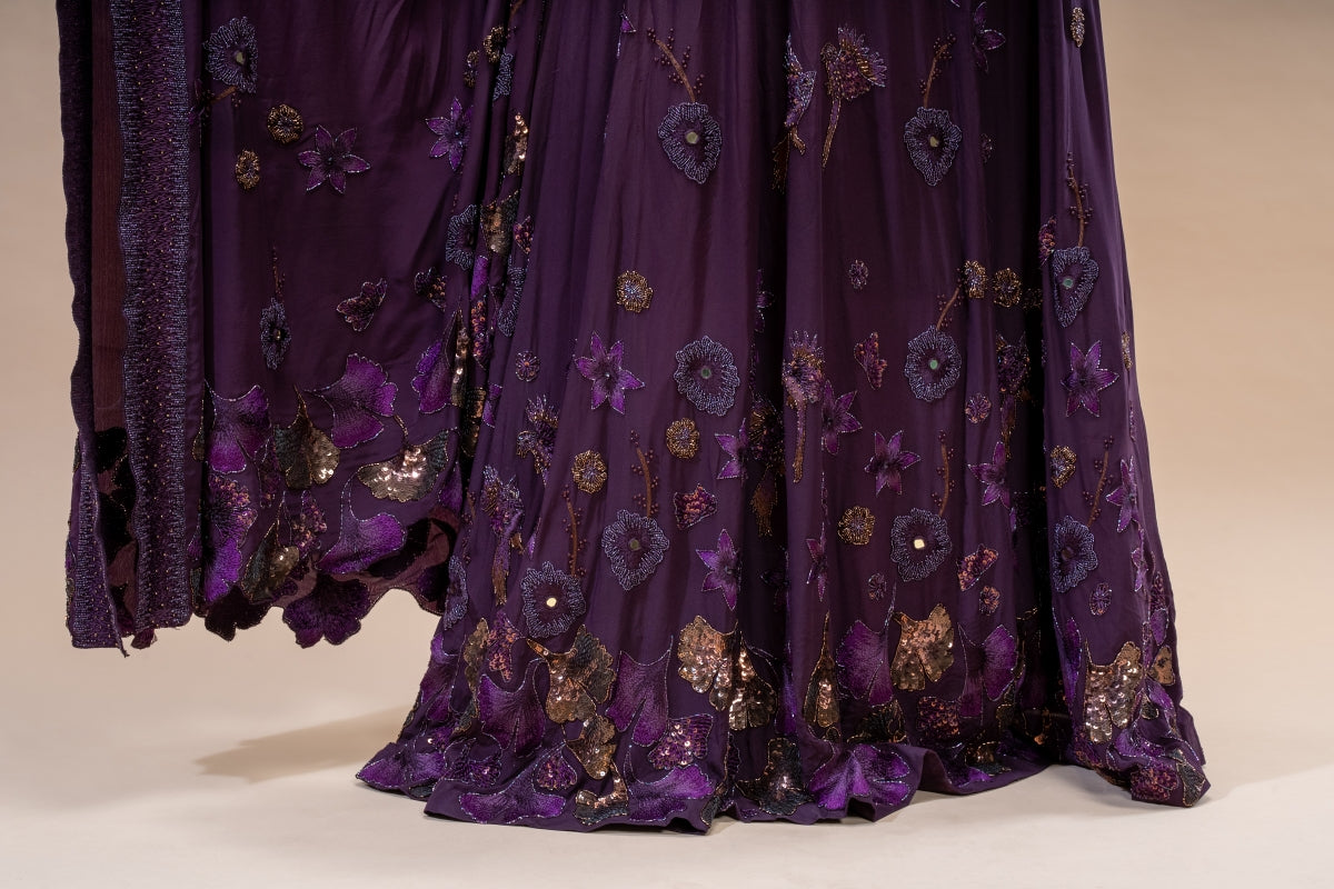 Enchanted Forest Hand Embroidered Purple Lehenga Set