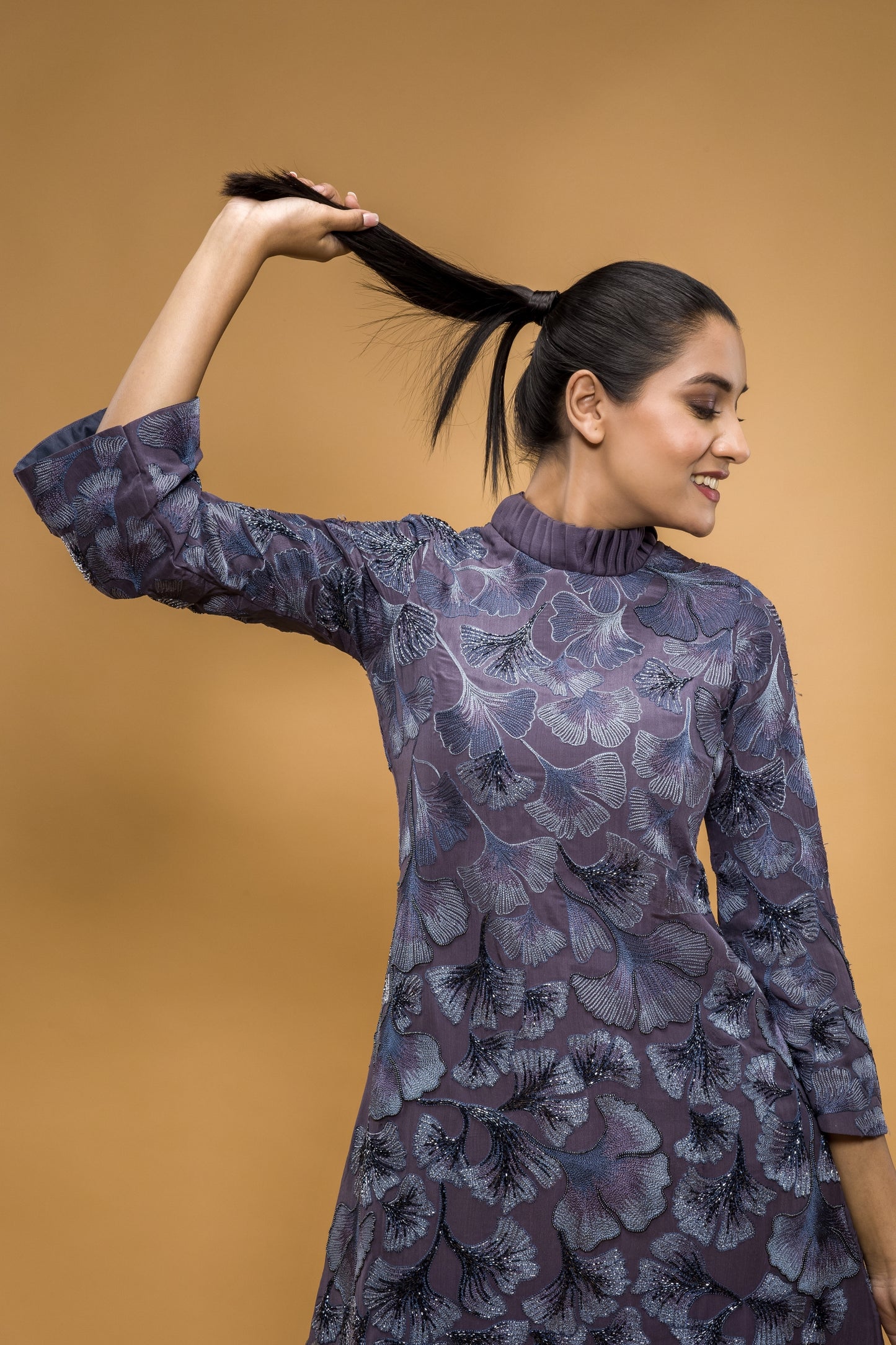 Maidenhair Hand Embroidered Turtle Neck Short Dress
