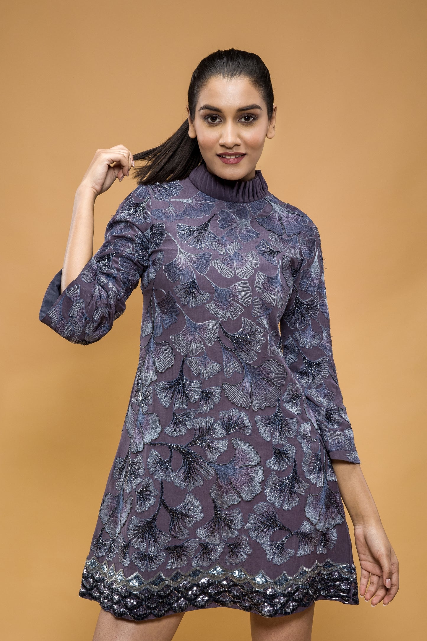 Maidenhair Hand Embroidered Turtle Neck Short Dress