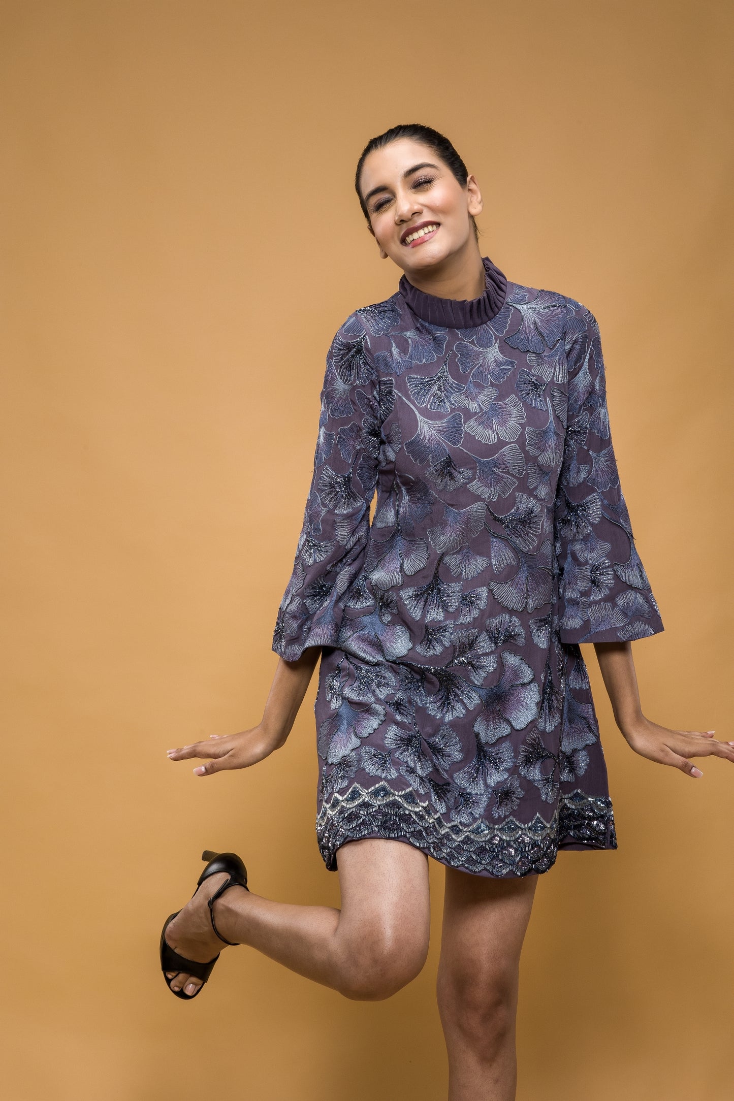 Maidenhair Hand Embroidered Turtle Neck Short Dress