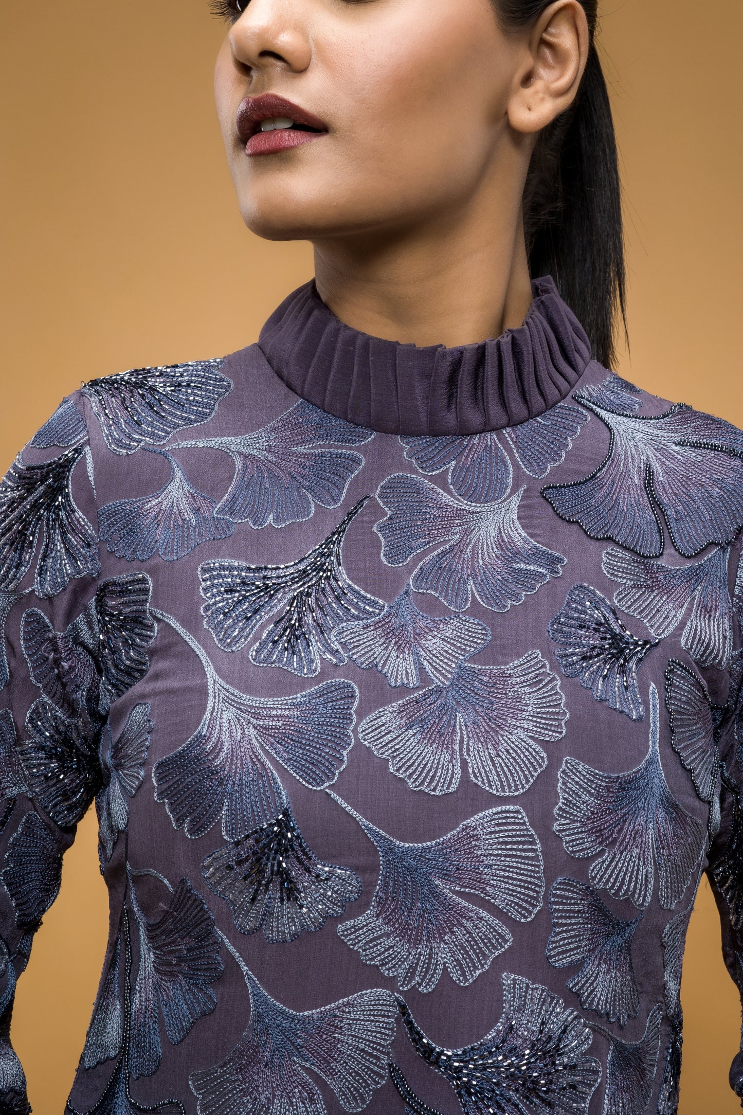 Maidenhair Hand Embroidered Turtle Neck Short Dress