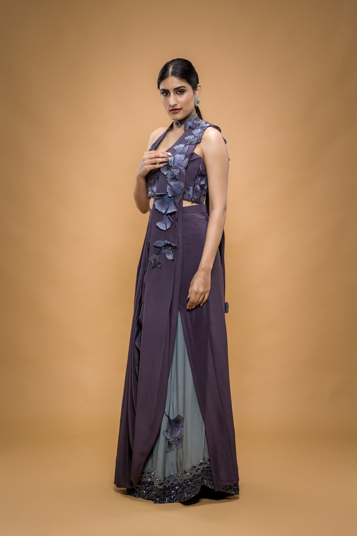 Maidenhair Hand Embroidered Ready to Wear Saree With Skirt and Blouse