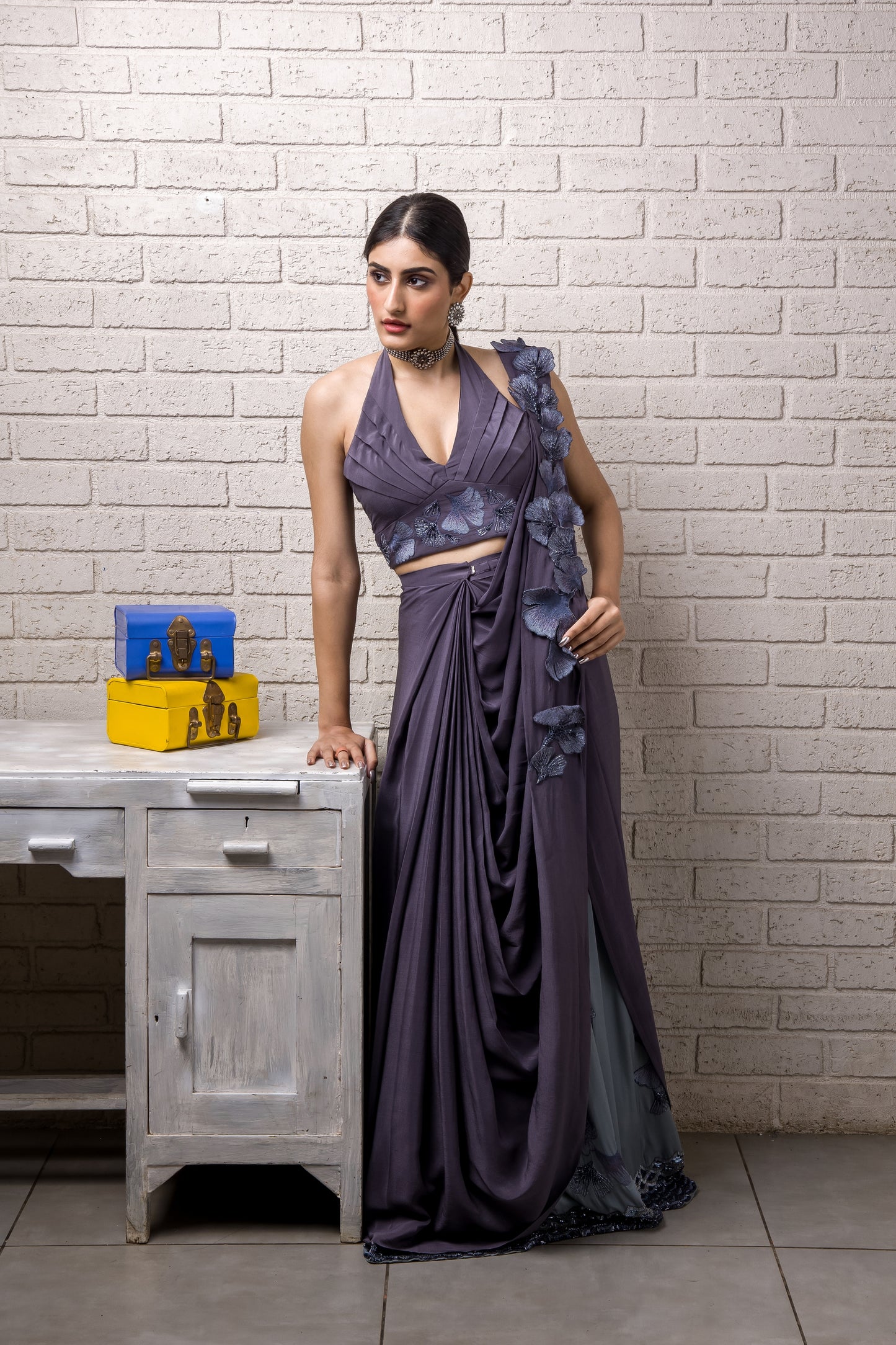 Maidenhair Hand Embroidered Ready to Wear Saree With Skirt and Blouse