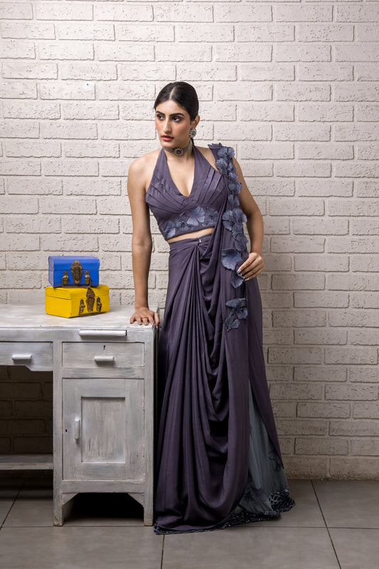 Maidenhair Hand Embroidered Ready to Wear Saree With Skirt and Blouse