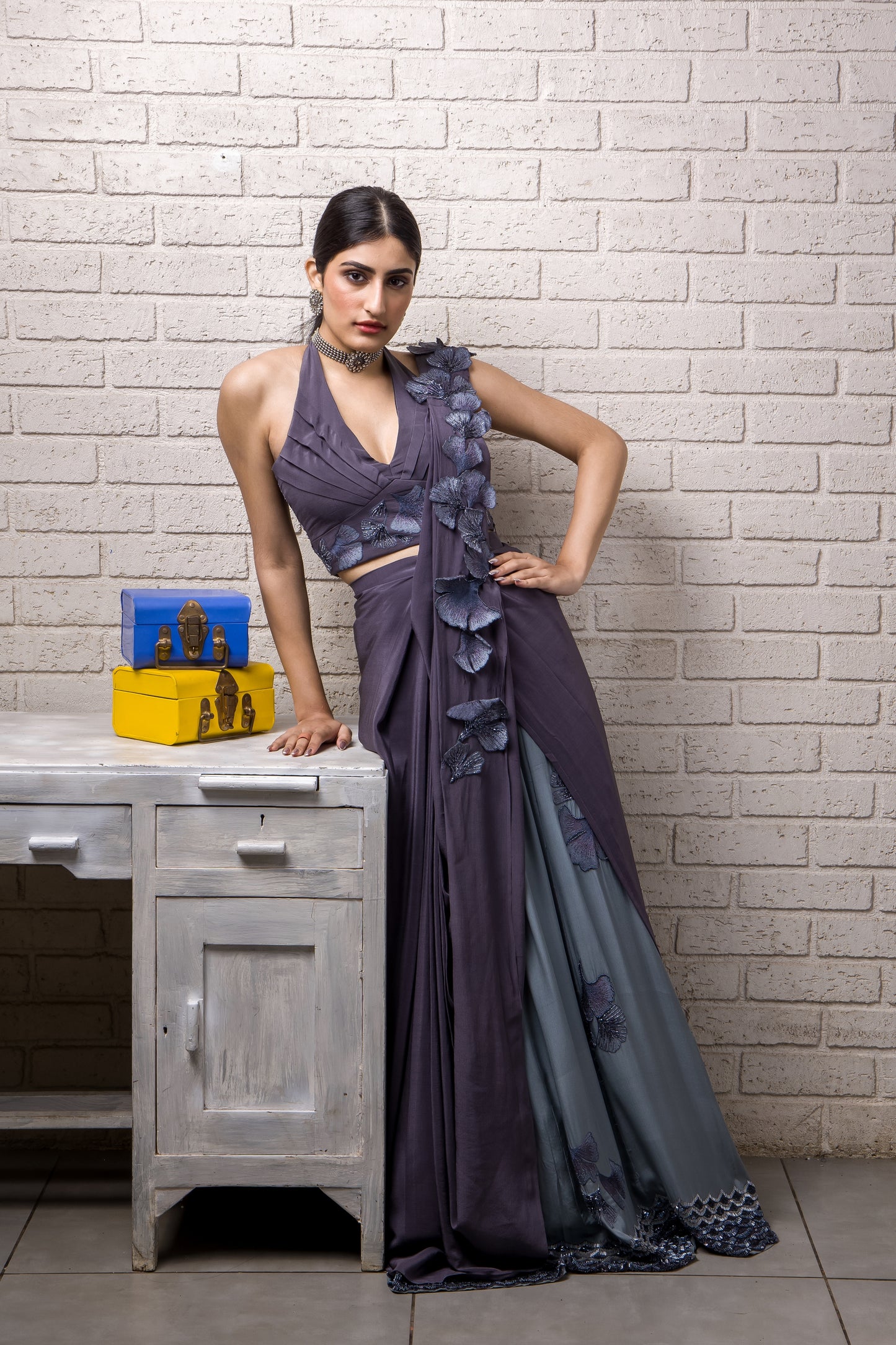 Maidenhair Hand Embroidered Ready to Wear Saree With Skirt and Blouse