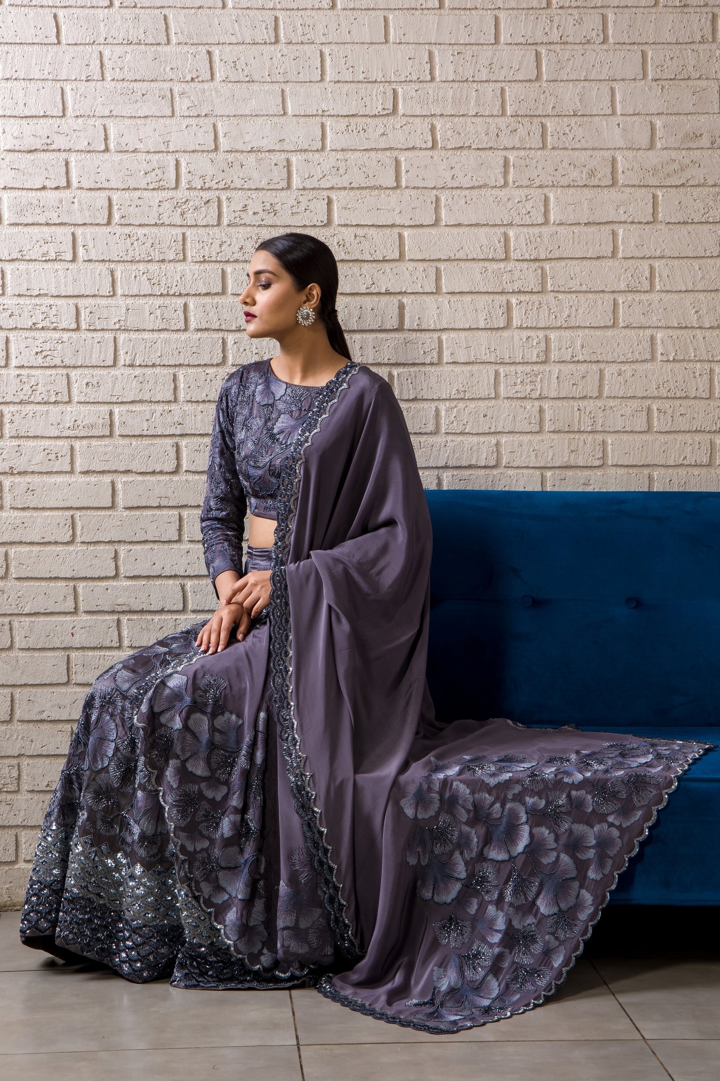 Maidenhair Hand Embroidered Signature Grey Lehenga Set