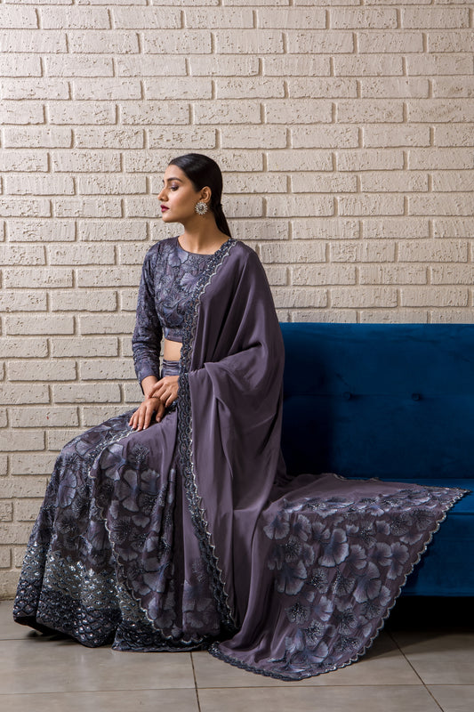 Maidenhair Hand Embroidered Signature Grey Lehenga Set