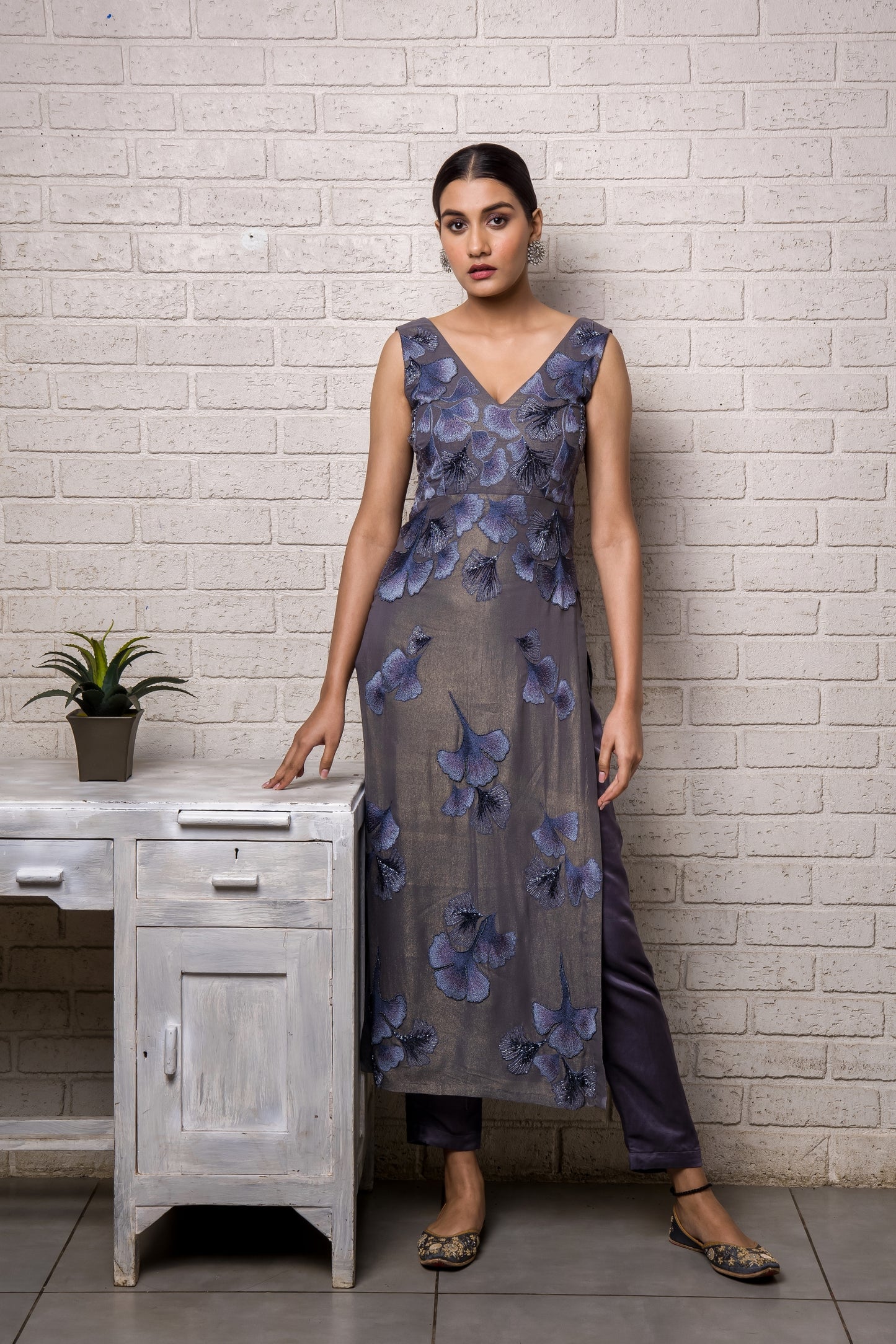 Maidenhair Hand Embroidered High Slit Kurti with Pant