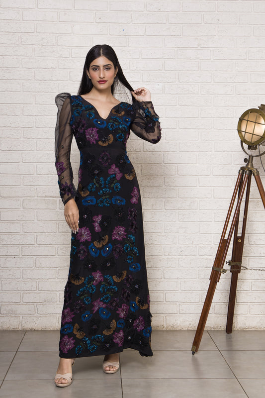 Midnight Garden Hand Embroidered Floor Length Gown
