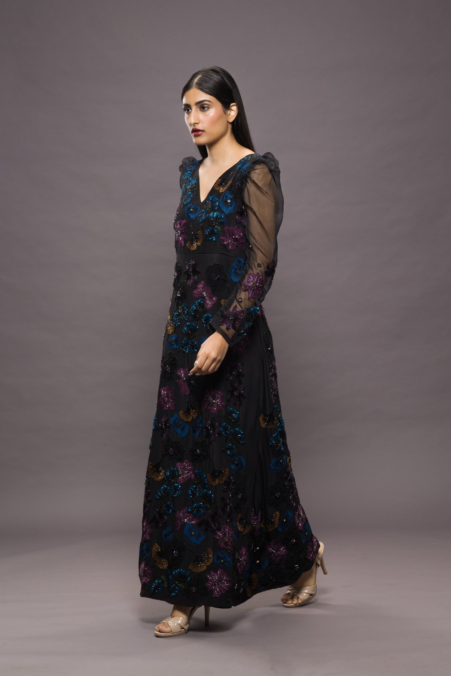 Midnight Garden Hand Embroidered Floor Length Gown