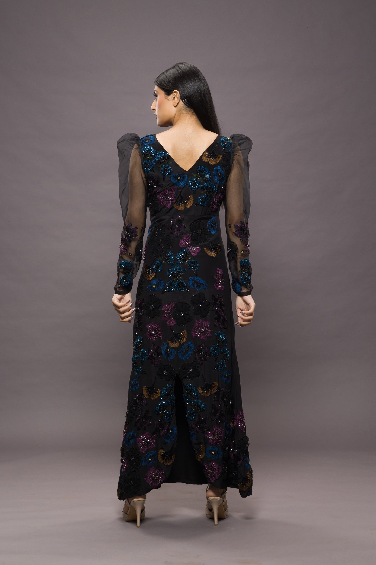 Midnight Garden Hand Embroidered Floor Length Gown