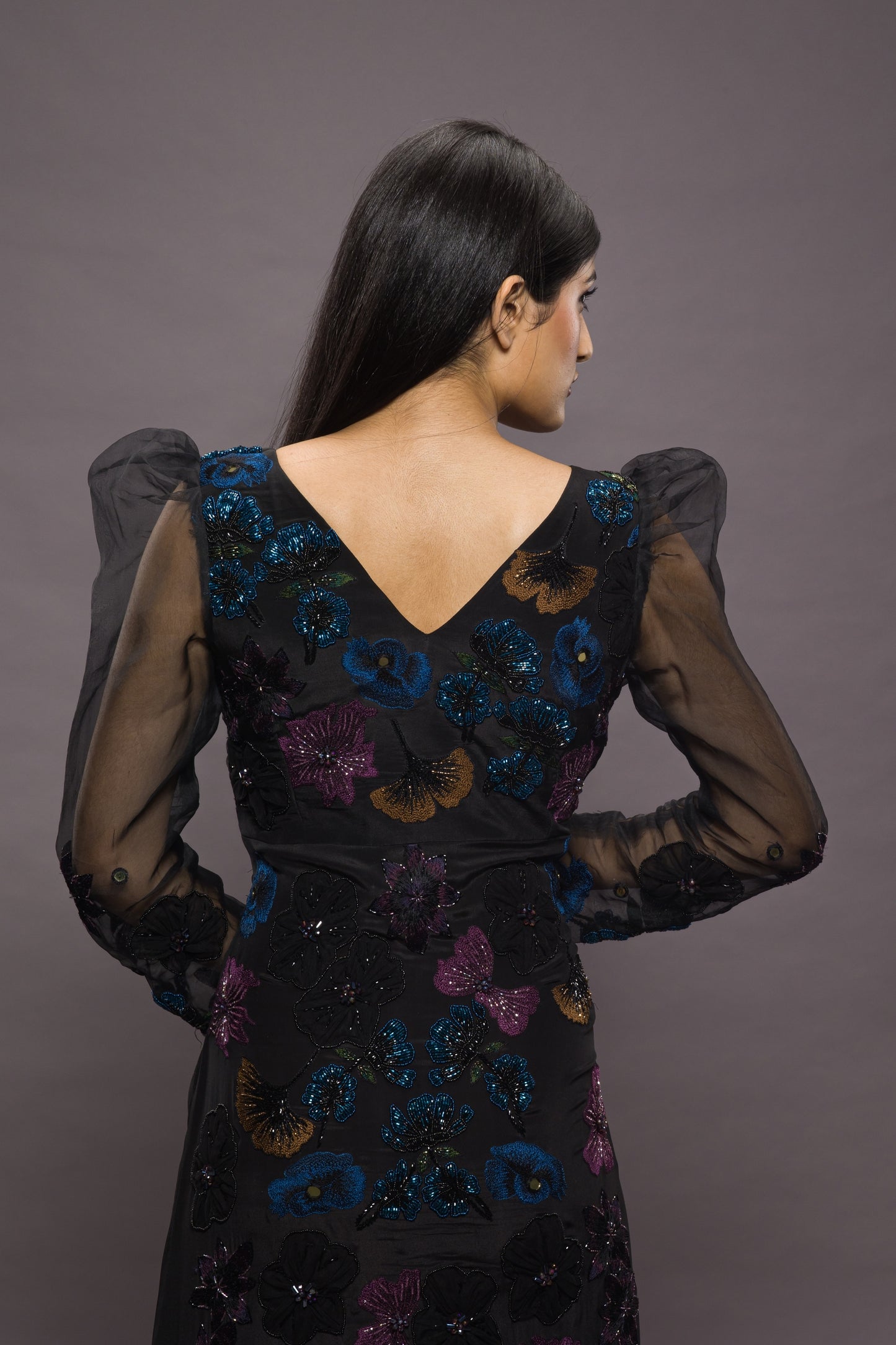 Midnight Garden Hand Embroidered Floor Length Gown