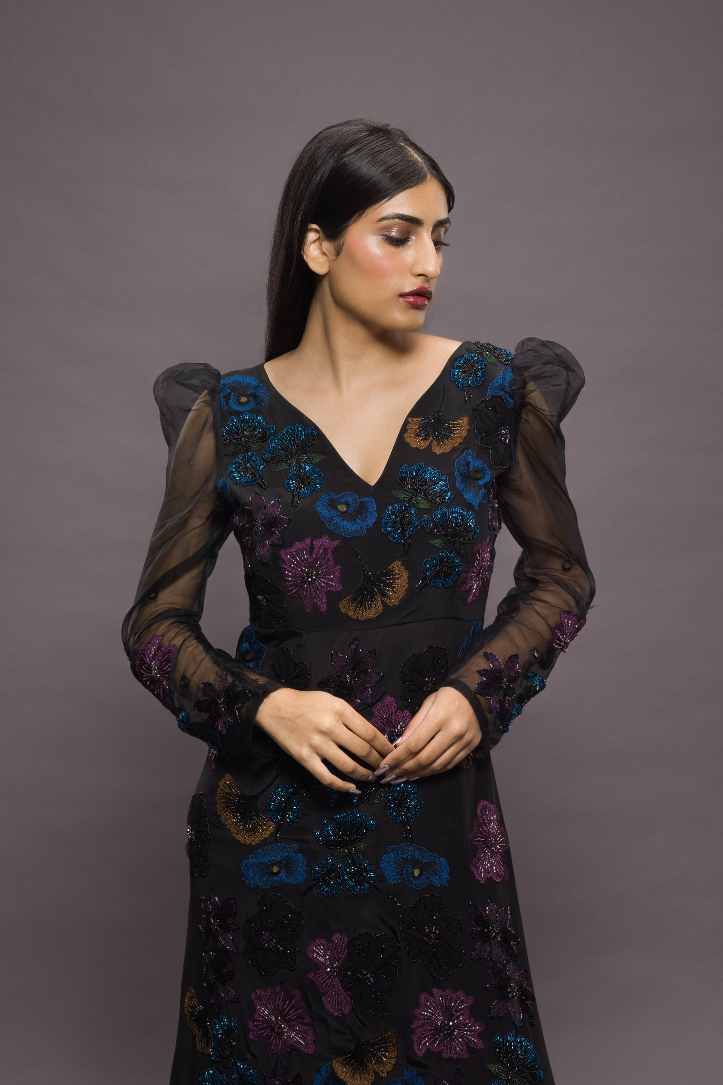 Midnight Garden Hand Embroidered Floor Length Gown