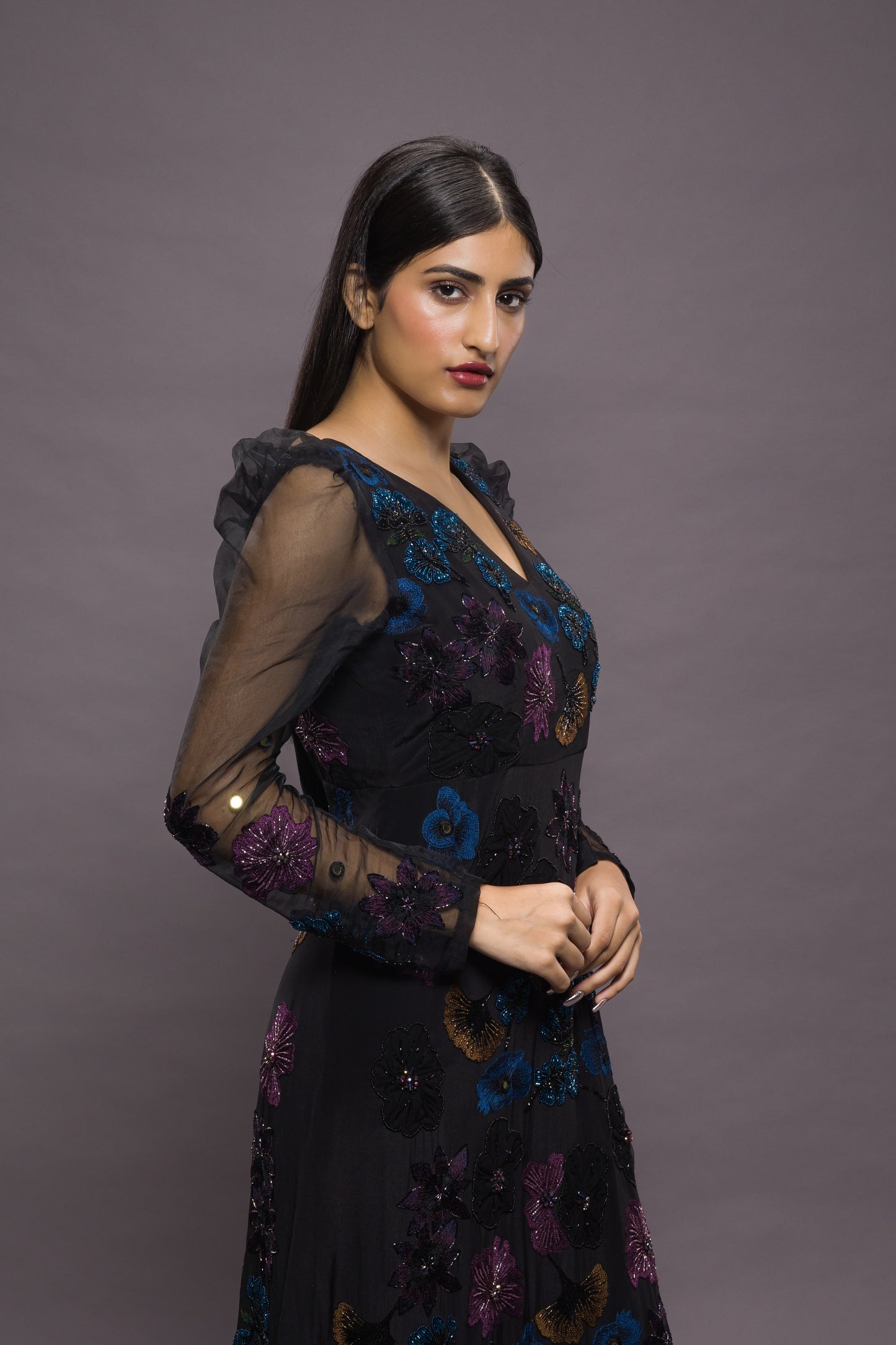 Midnight Garden Hand Embroidered Floor Length Gown