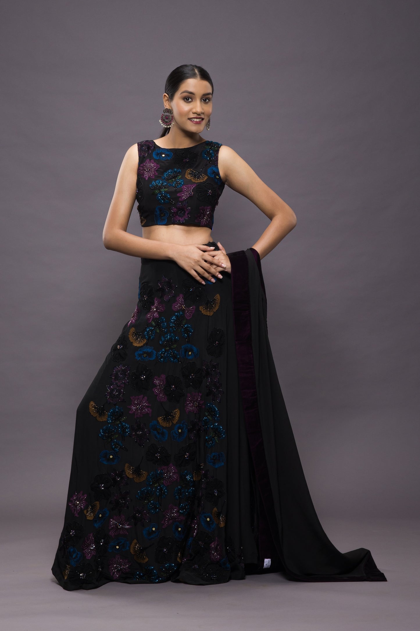 Midnight garden hand embroidered kali lehenga set