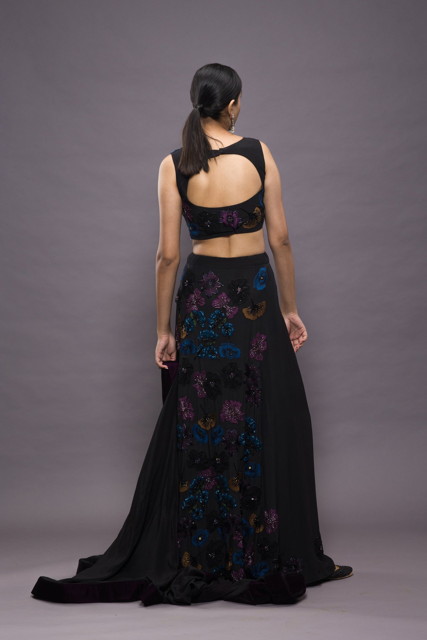 Midnight garden hand embroidered kali lehenga set