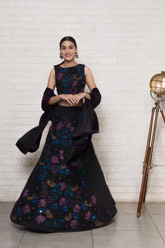Midnight garden hand embroidered kali lehenga set