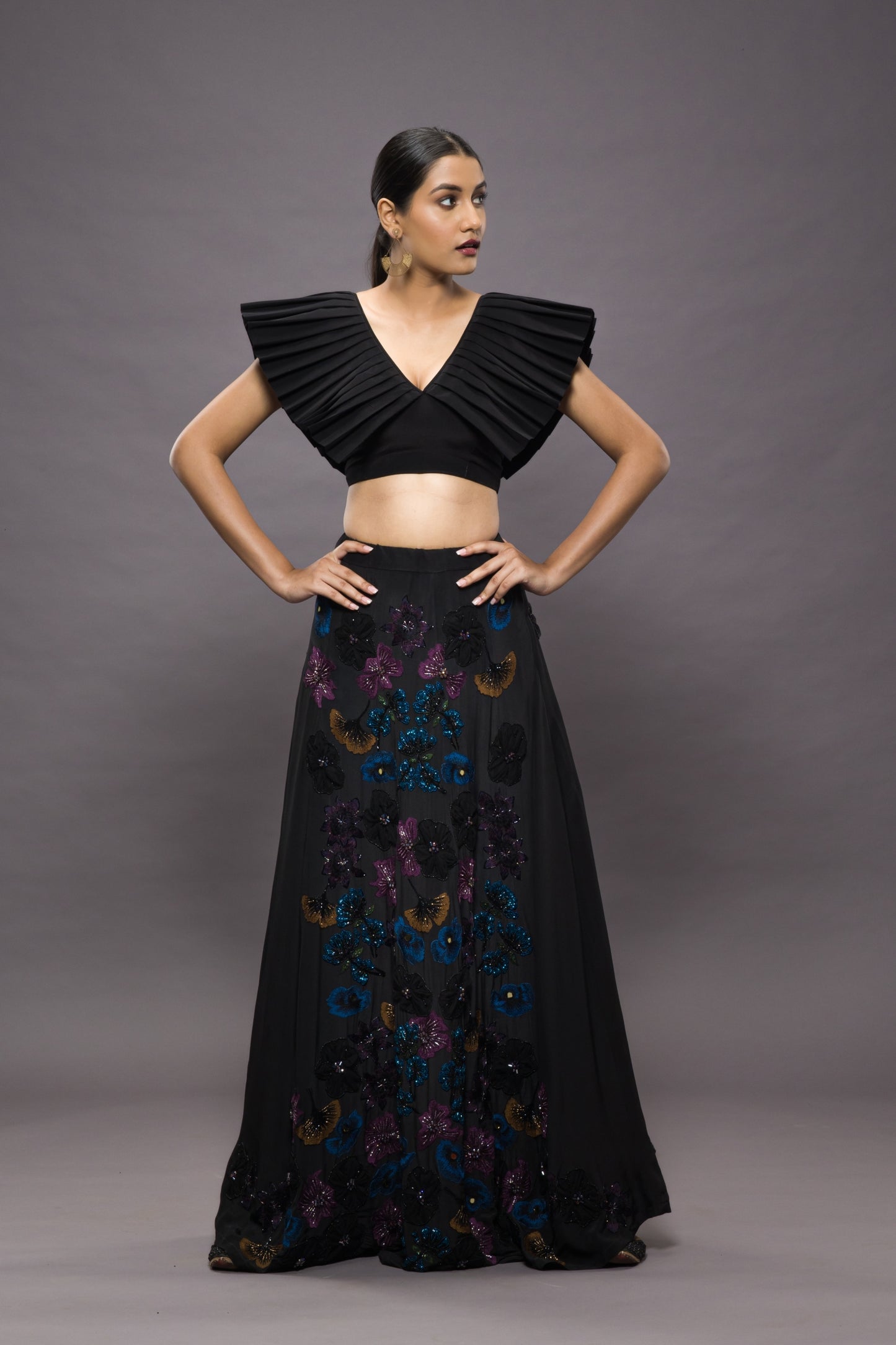 Midnight Garden Hand Embroidered Kali Lehenga and pleated Blouse Set
