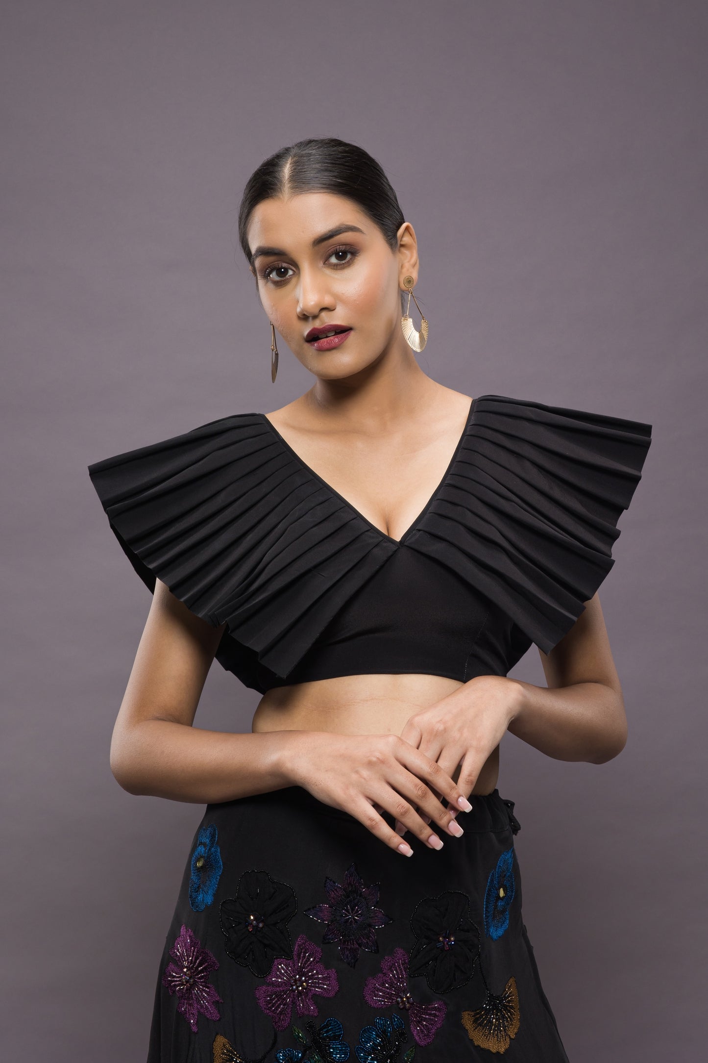 Midnight Garden Hand Embroidered Kali Lehenga and pleated Blouse Set