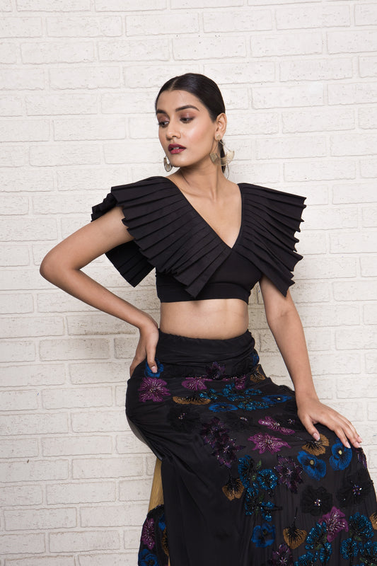 Midnight Garden Hand Embroidered Kali Lehenga and pleated Blouse Set