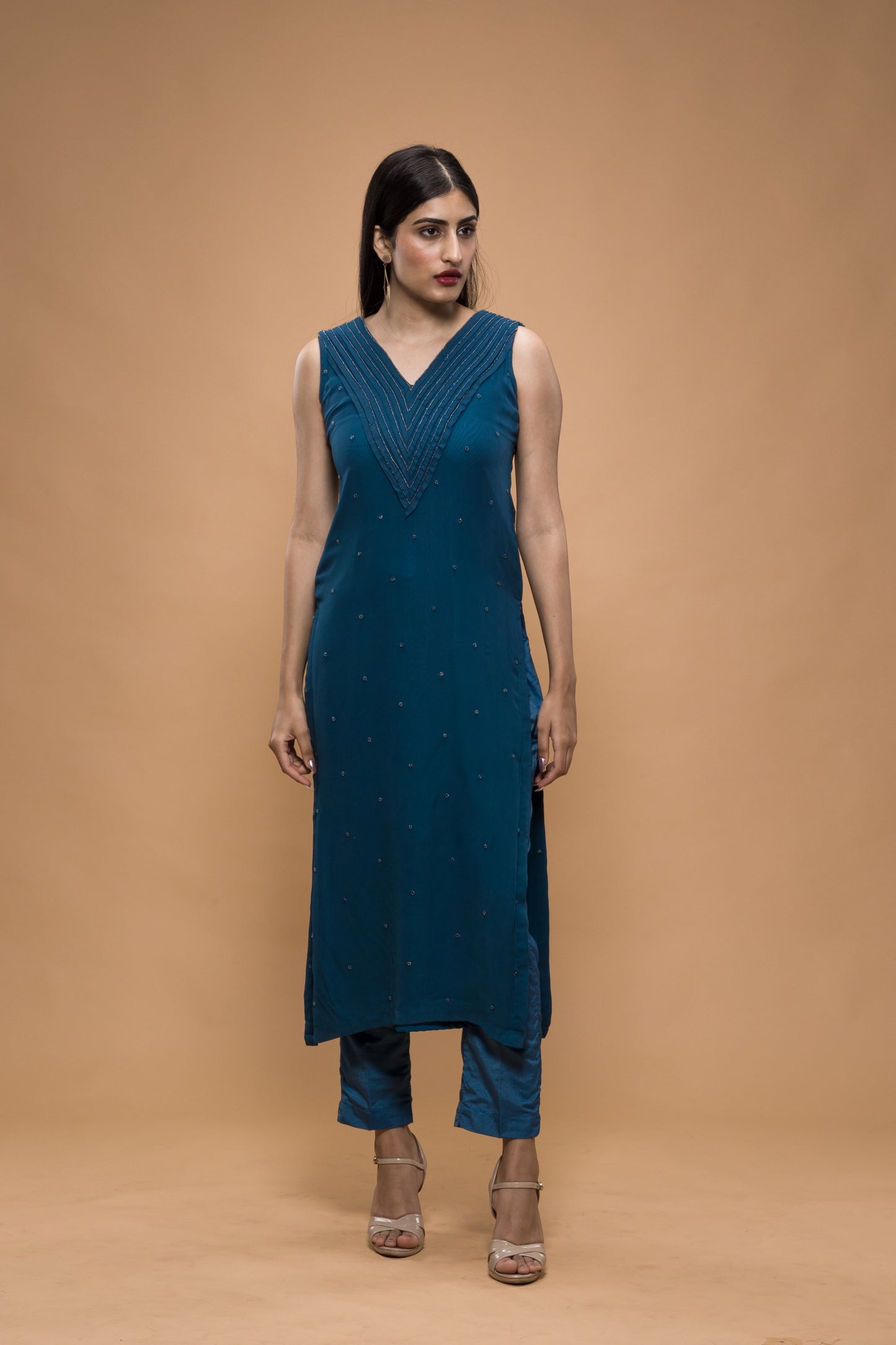 Pleated Neckline Embroidered High Slit Kurta with Pants