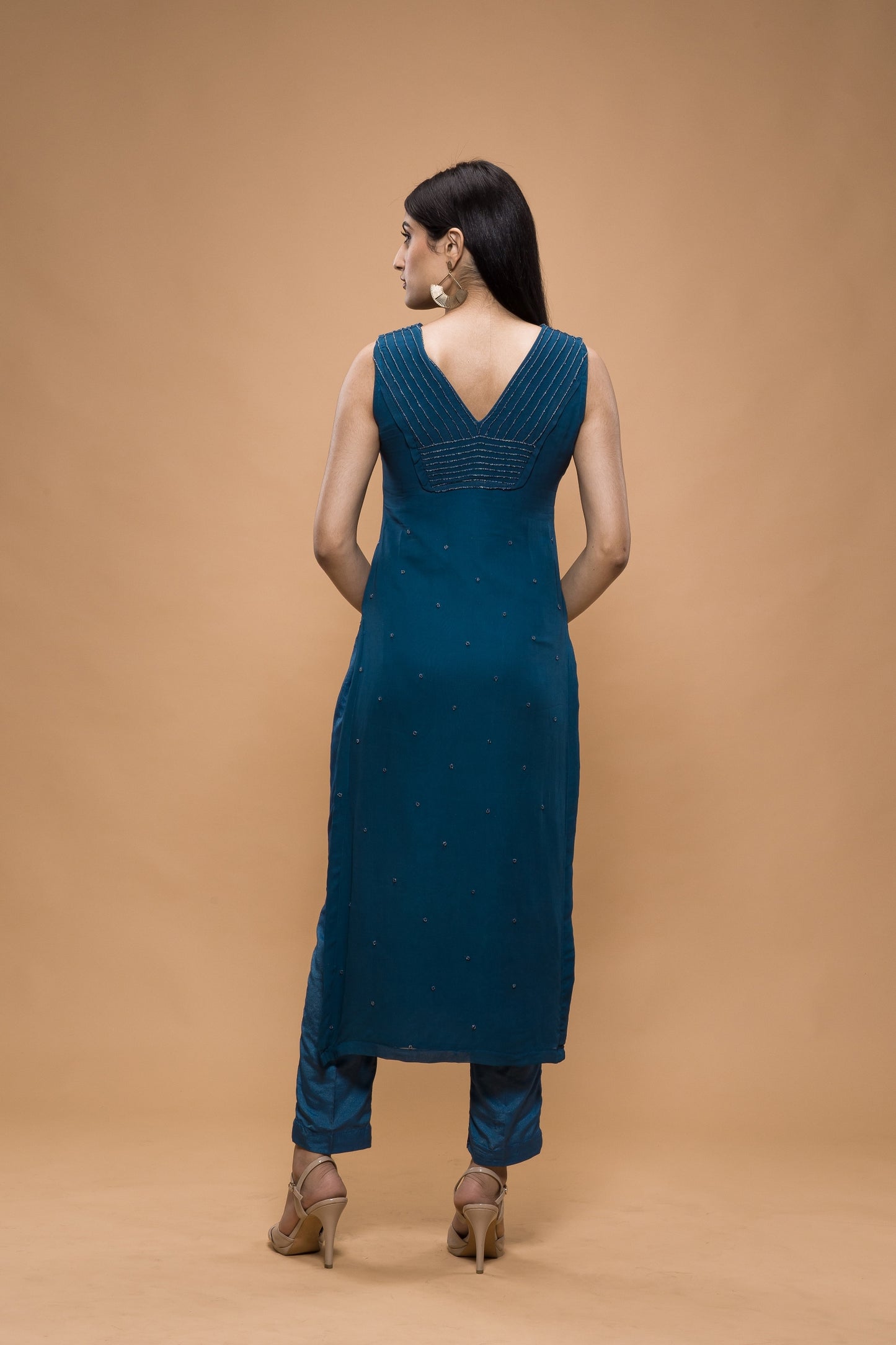 Pleated Neckline Embroidered High Slit Kurta with Pants