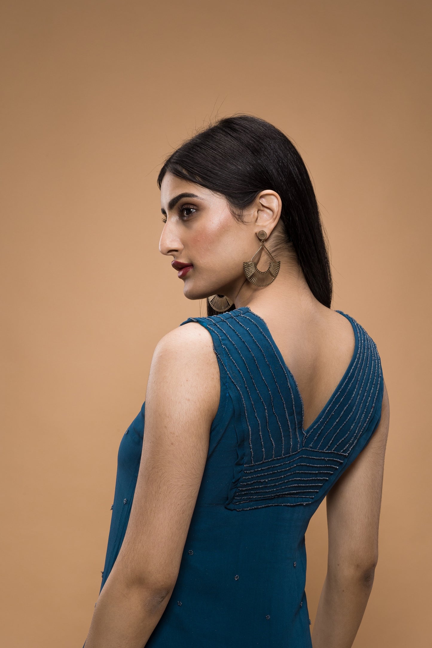 Pleated Neckline Embroidered High Slit Kurta with Pants
