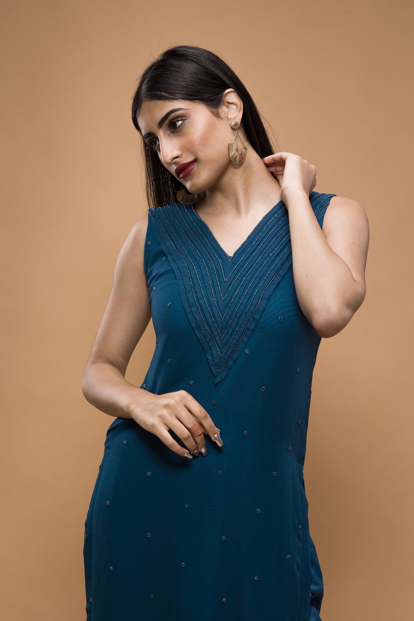 Pleated Neckline Embroidered High Slit Kurta with Pants