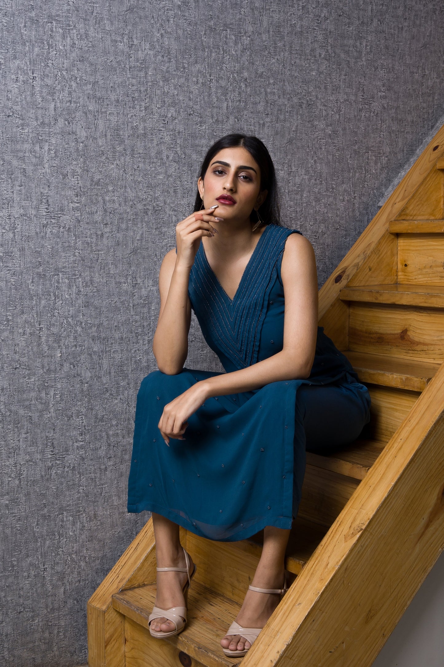 Pleated Neckline Embroidered High Slit Kurta with Pants