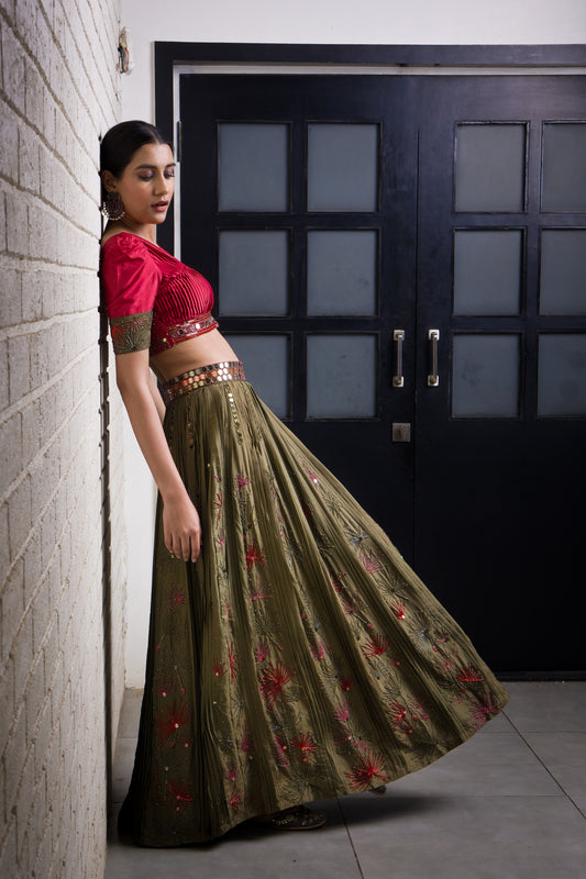 Enchanted Forest Hand Embroidered pleated lehenga Set