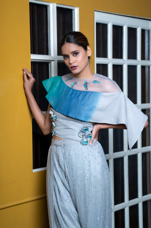 Sea Silver Hand Embroidered Dhoti Pant With Top