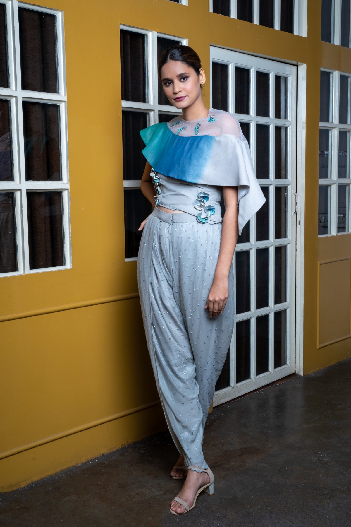Sea Silver Hand Embroidered Dhoti Pant With Top