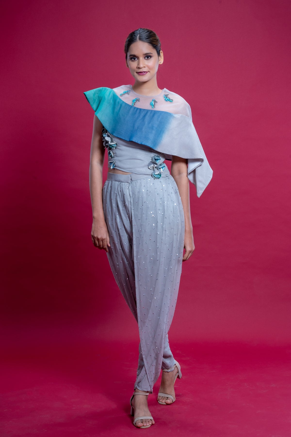 Sea Silver Hand Embroidered Dhoti Pant With Top