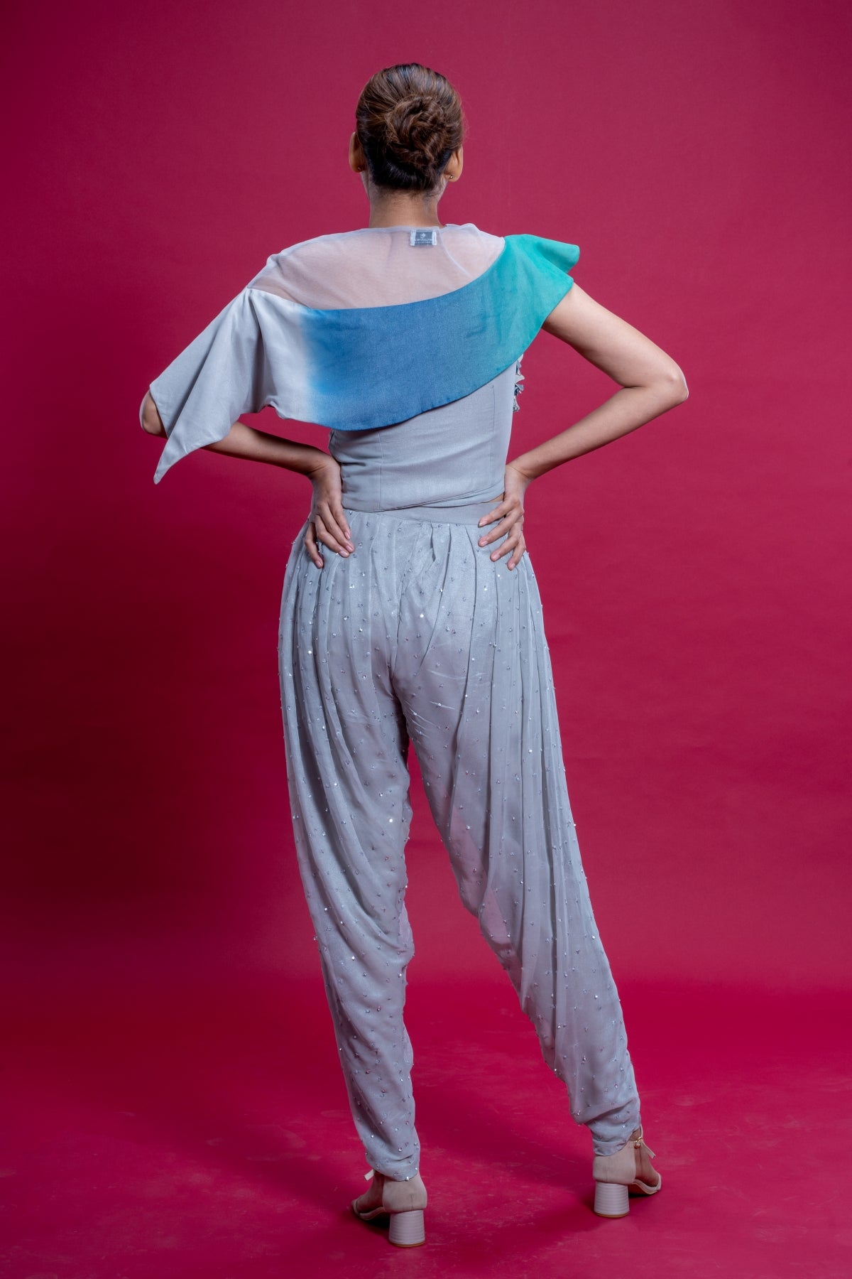 Sea Silver Hand Embroidered Dhoti Pant With Top