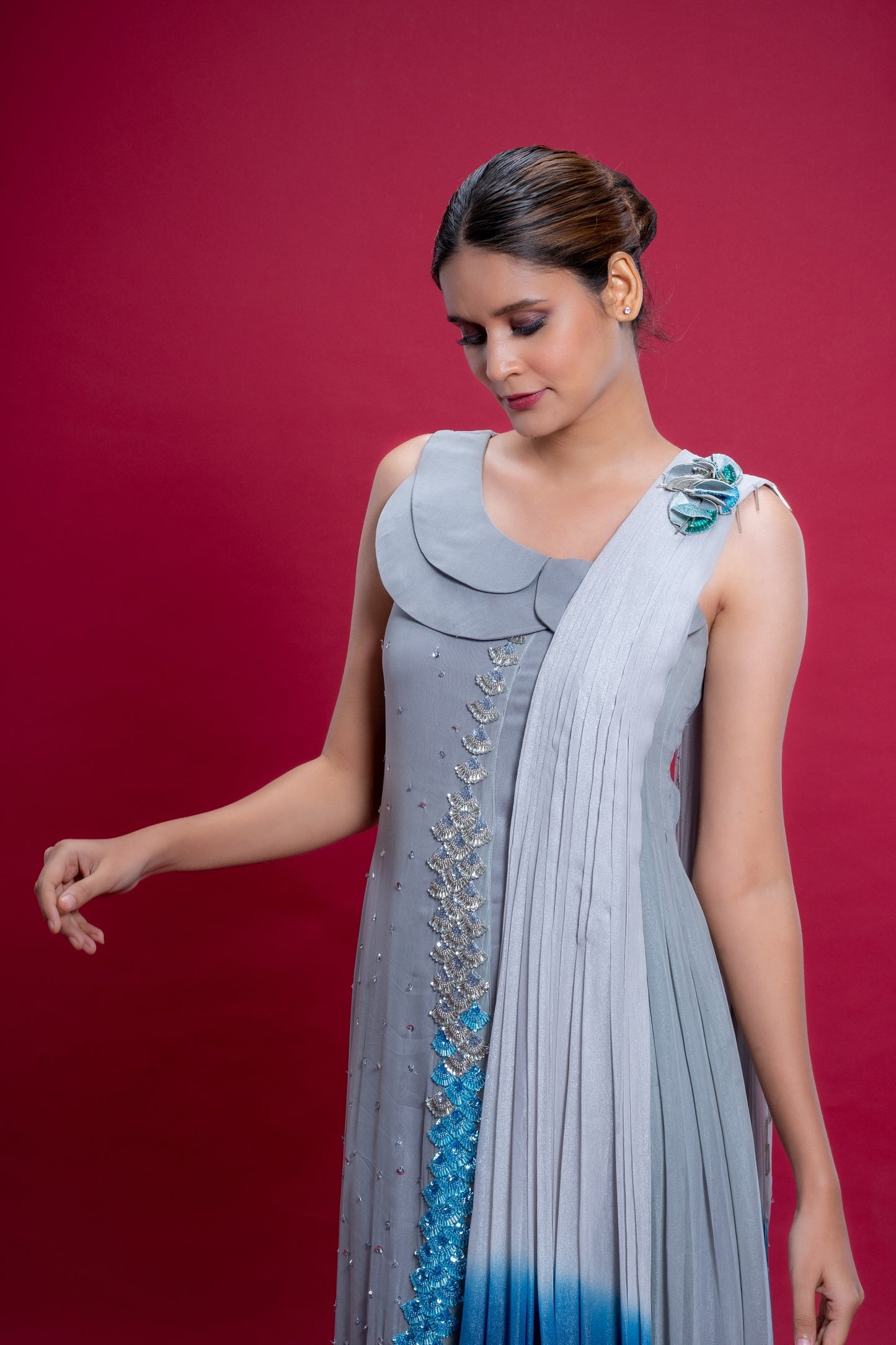 Sea Silver Hand Embroidered Ombre Gown With Dupatta