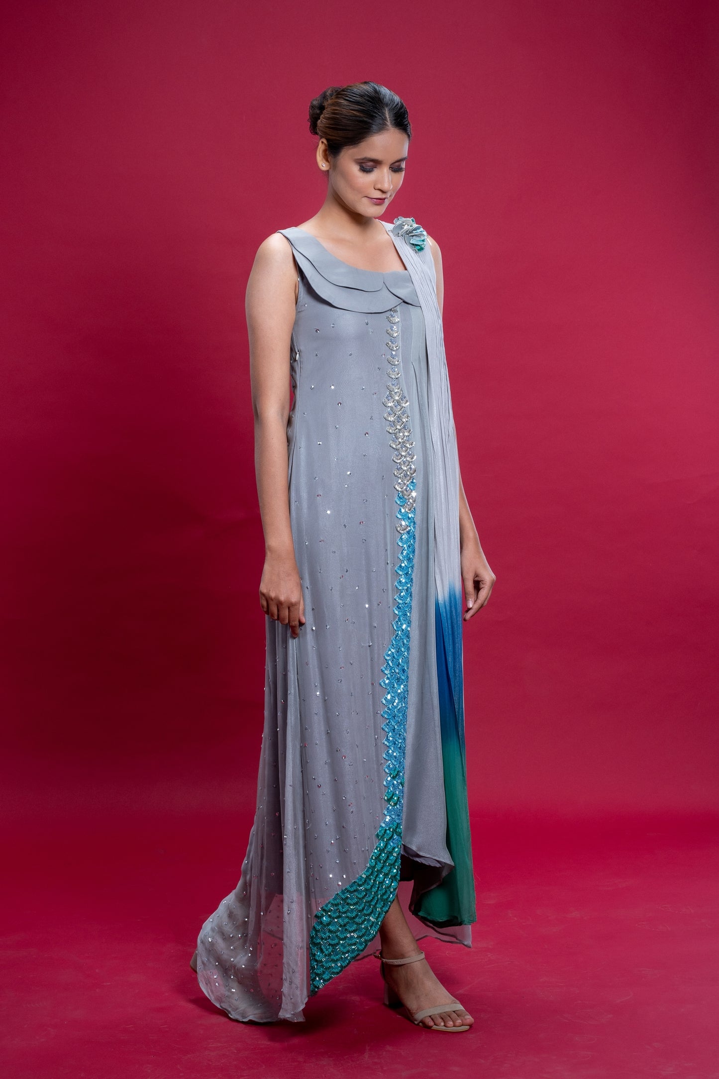 Sea Silver Hand Embroidered Ombre Gown With Dupatta