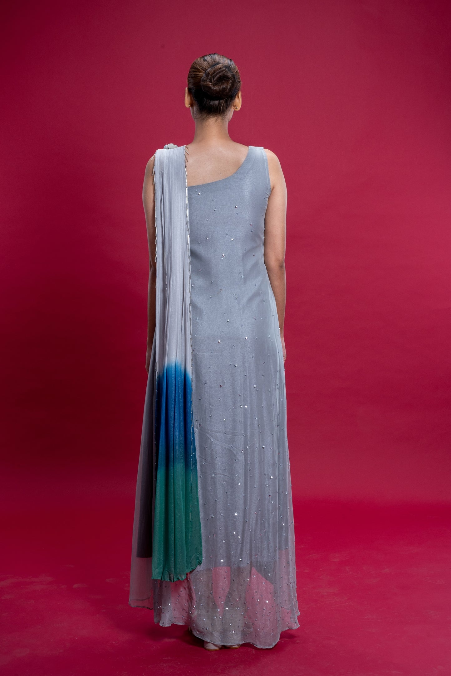 Sea Silver Hand Embroidered Ombre Gown With Dupatta