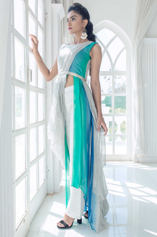 Sea Silver High Slit Cowl Top and Pant